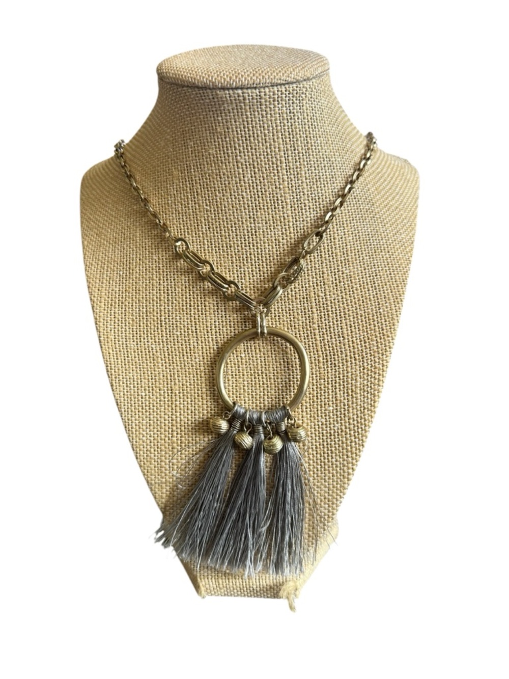 Karma Bella Boho Gold with Gray Tassel Fringe Long Necklace